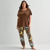 Liz Claiborne Womens Round Neck Short Sleeve 2-pc. Plus Pajama Set