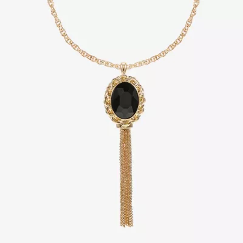 Monet Jewelry Gold Tone Womens Black Glass Oval 30 Inch Pendant Necklace