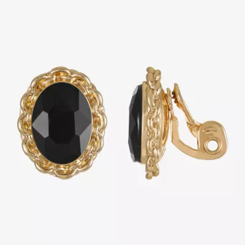 Monet Jewelry Gold Tone Womens Black Glass Oval Clip On Earrings