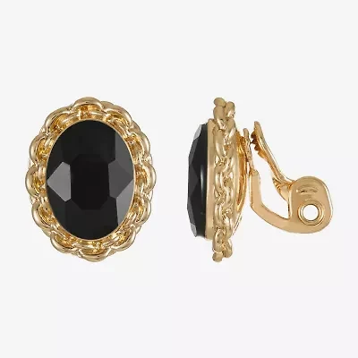 Monet Jewelry Gold Tone Womens Black Glass Oval Clip On Earrings