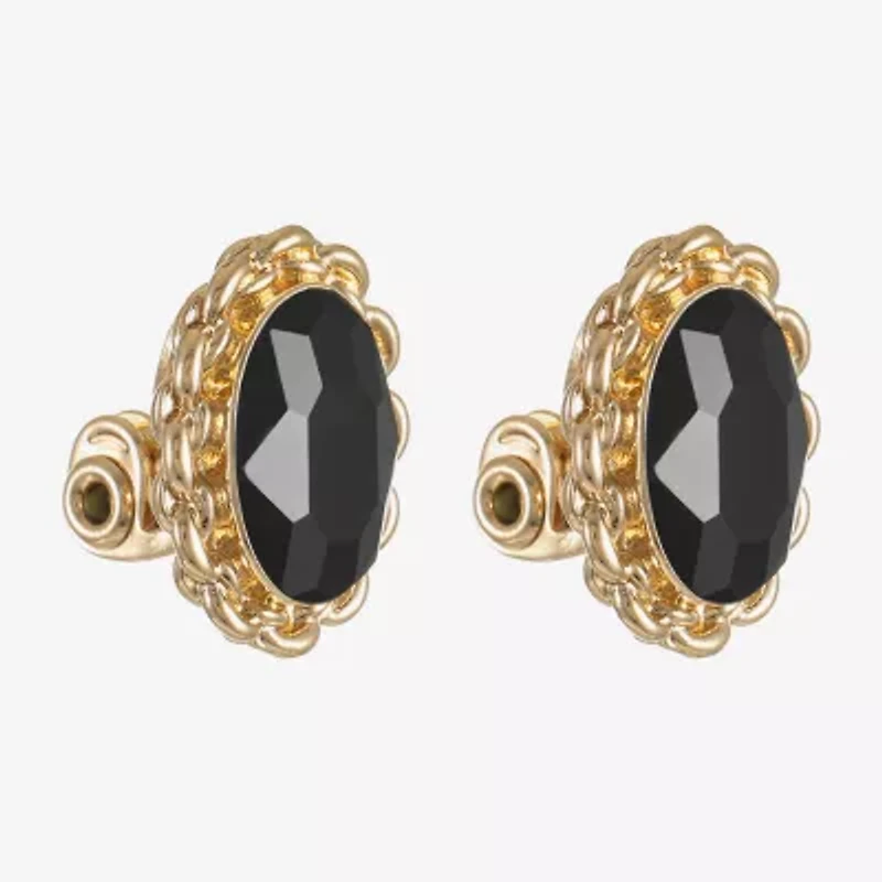 Monet Jewelry Gold Tone Womens Black Glass Oval Clip On Earrings