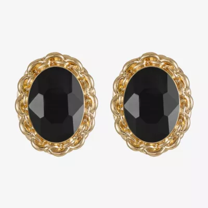 Monet Jewelry Gold Tone Womens Black Glass Oval Clip On Earrings