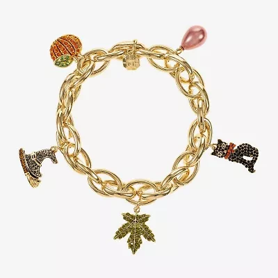 Monet Jewelry Gold Tone Cat Witch Hat Pumpkin Womens Multi Color Glass Charm Bracelet
