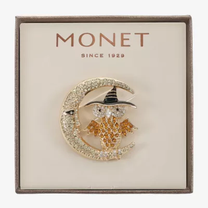 Monet Jewelry Owl Cresent Brown Glass Pin