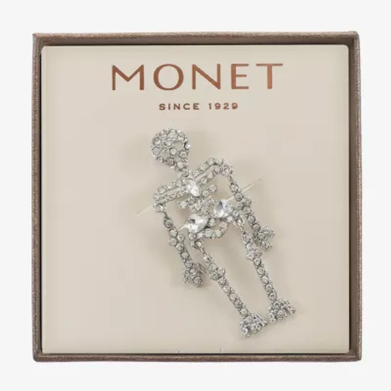 Monet Jewelry Silver Tone Halloween Skeleton Glass Pin
