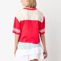 Lace Yoke Jersey Womens Juniors V Neck Short Sleeve Regular Fit Graphic T-Shirt