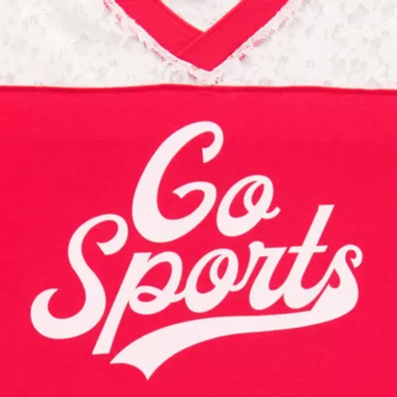 Lace Yoke Jersey Womens Juniors V Neck Short Sleeve Regular Fit Graphic T-Shirt