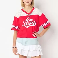 Lace Yoke Jersey Womens Juniors V Neck Short Sleeve Regular Fit Graphic T-Shirt