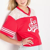 Lace Yoke Jersey Womens Juniors V Neck Short Sleeve Regular Fit Graphic T-Shirt