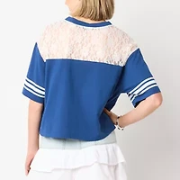 Lace Yoke Jersey Womens V Neck Short Sleeve Regular Fit Juniors Graphic T-Shirt