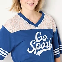 Lace Yoke Jersey Womens V Neck Short Sleeve Regular Fit Juniors Graphic T-Shirt