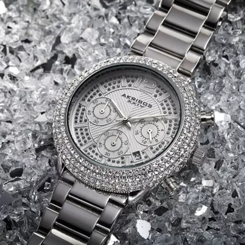 Akribos XXIV Mens Chronograph Crystal Accent Silver Tone Stainless Steel Bracelet Watch A-1075ss