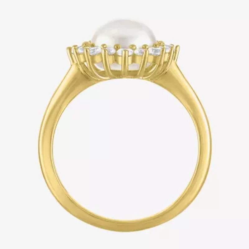 Womens 8MM White Cultured Freshwater Pearl 14K Gold Over Silver Halo Cocktail Ring