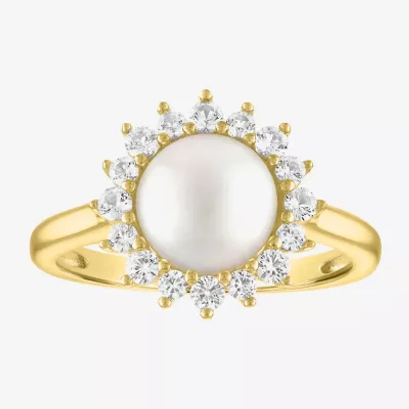 Womens 8MM White Cultured Freshwater Pearl 14K Gold Over Silver Halo Cocktail Ring