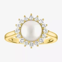 Womens 8MM White Cultured Freshwater Pearl 14K Gold Over Silver Halo Cocktail Ring
