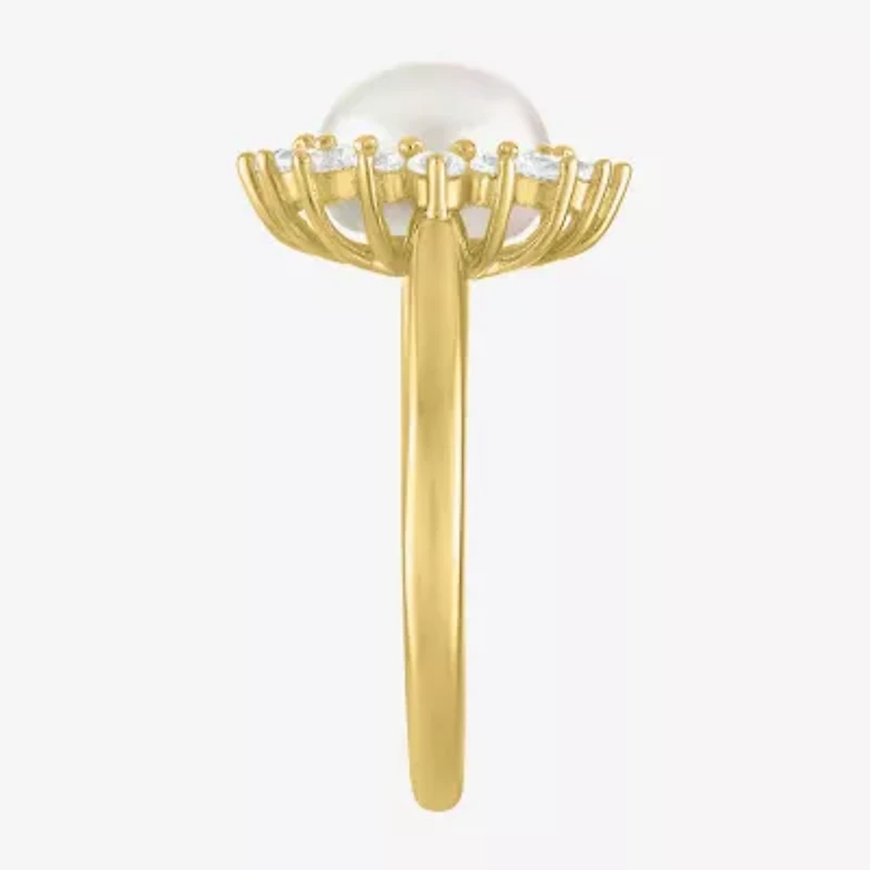 Womens 8MM White Cultured Freshwater Pearl 14K Gold Over Silver Halo Cocktail Ring