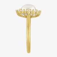 Womens 8MM White Cultured Freshwater Pearl 14K Gold Over Silver Halo Cocktail Ring