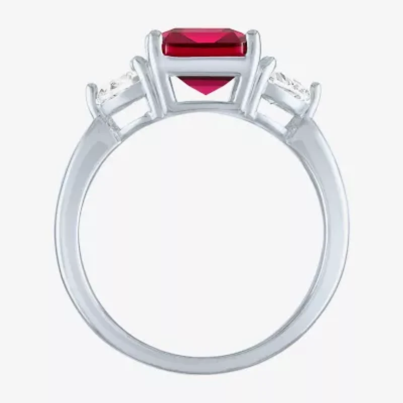 Womens Lab Created Red Ruby Sterling Silver Side Stone Cocktail Ring