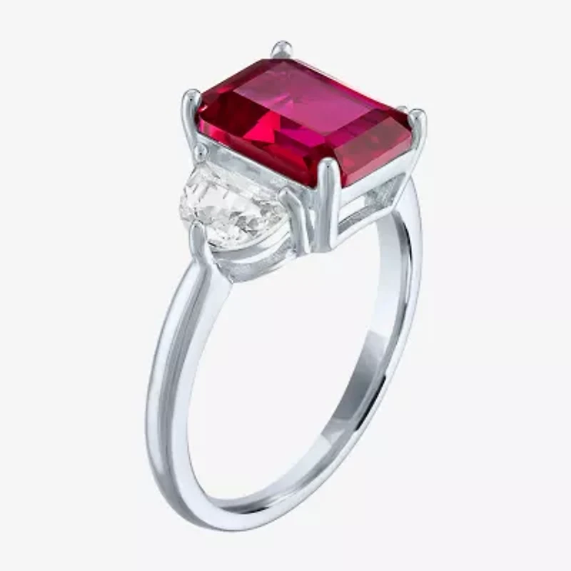 Womens Lab Created Red Ruby Sterling Silver Side Stone Cocktail Ring