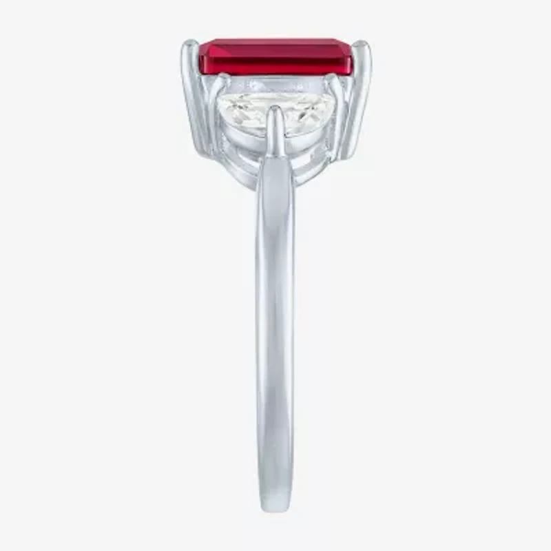 Womens Lab Created Red Ruby Sterling Silver Side Stone Cocktail Ring