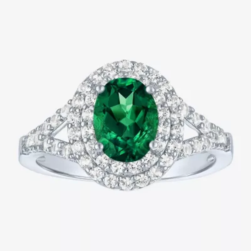 Gemstone and Lab-Created White Sapphire Sterling Silver Oval Double Halo Cocktail Ring