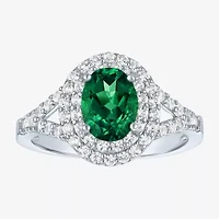 Gemstone and Lab-Created White Sapphire Sterling Silver Oval Double Halo Cocktail Ring