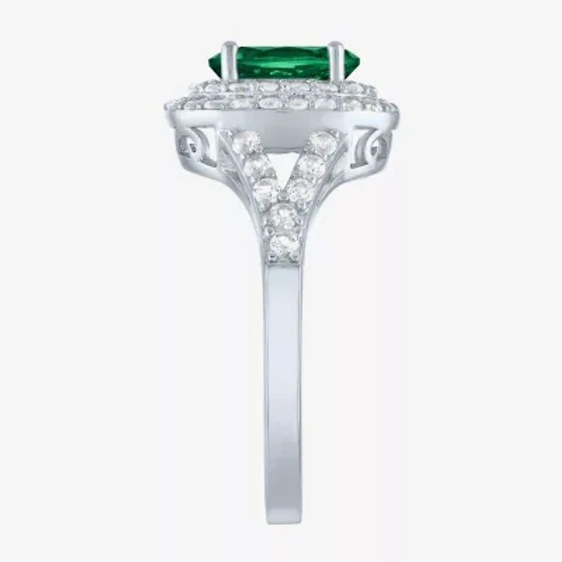 Gemstone and Lab-Created White Sapphire Sterling Silver Oval Double Halo Cocktail Ring