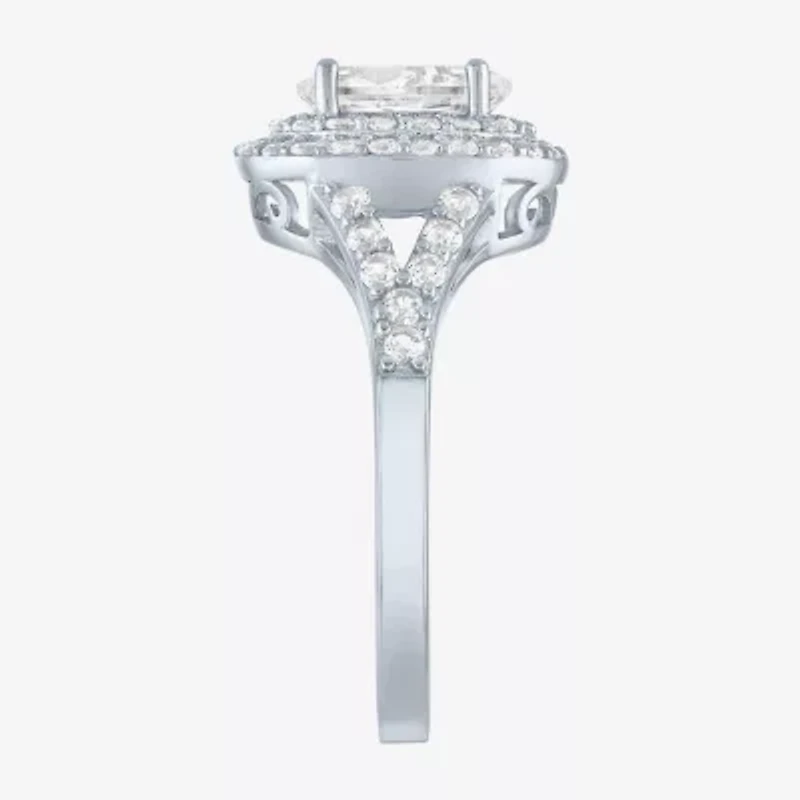 Womens Lab Created White Sapphire Sterling Silver Round Halo Cocktail Ring