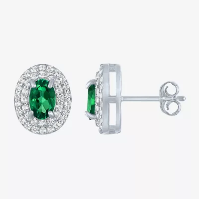 Gemstone & Lab-Created White Sapphire Sterling Silver Oval Double Halo Stud Earrings