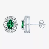 Gemstone & Lab-Created White Sapphire Sterling Silver Oval Double Halo Stud Earrings