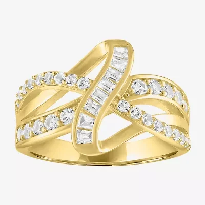 Womens Lab Created White Sapphire 14K Gold Over Silver Crossover Side Stone Band