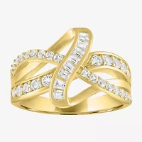 Womens Lab Created White Sapphire 14K Gold Over Silver Crossover Side Stone Band