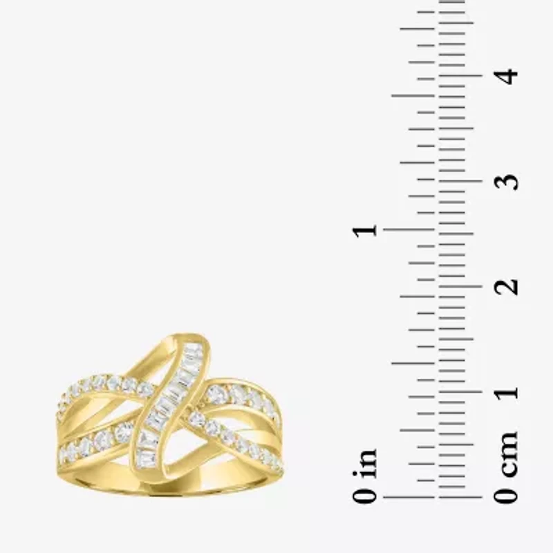 Womens Lab Created White Sapphire 14K Gold Over Silver Crossover Side Stone Band