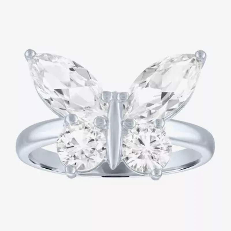 Womens Lab Created White Sapphire Sterling Silver Butterfly Cocktail Ring