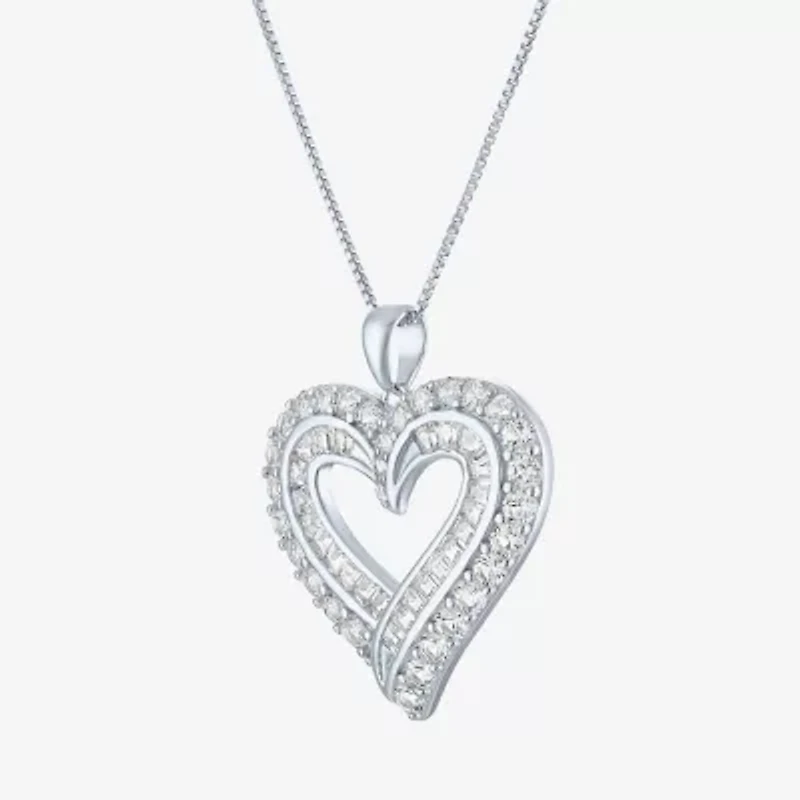 Womens Lab Created White Sapphire Sterling Silver Heart 18 Inch Pendant Necklace