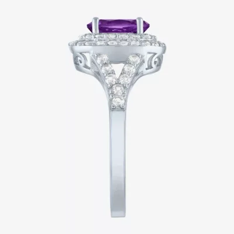 Gemstone and Lab-Created White Sapphire Sterling Silver Oval Double Halo Cocktail Ring