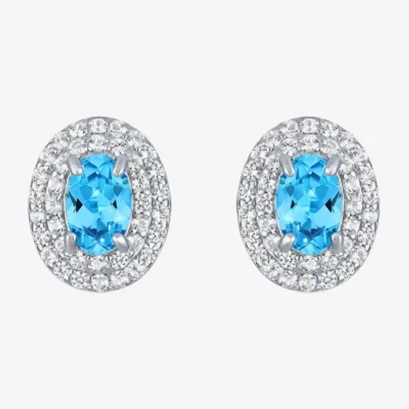 Gemstone & Lab-Created White Sapphire Sterling Silver Oval Double Halo Stud Earrings