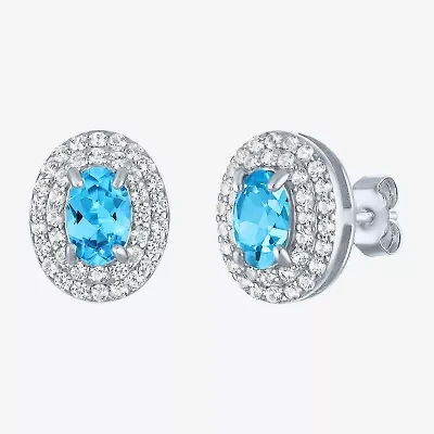 Gemstone & Lab-Created White Sapphire Sterling Silver Oval Double Halo Stud Earrings