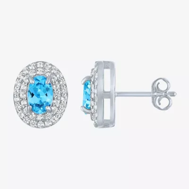 Gemstone & Lab-Created White Sapphire Sterling Silver Oval Double Halo Stud Earrings