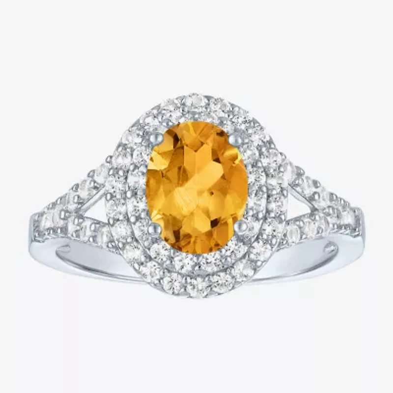 Gemstone and Lab-Created White Sapphire Sterling Silver Oval Double Halo Cocktail Ring