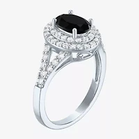 Gemstone and Lab-Created White Sapphire Sterling Silver Oval Double Halo Cocktail Ring