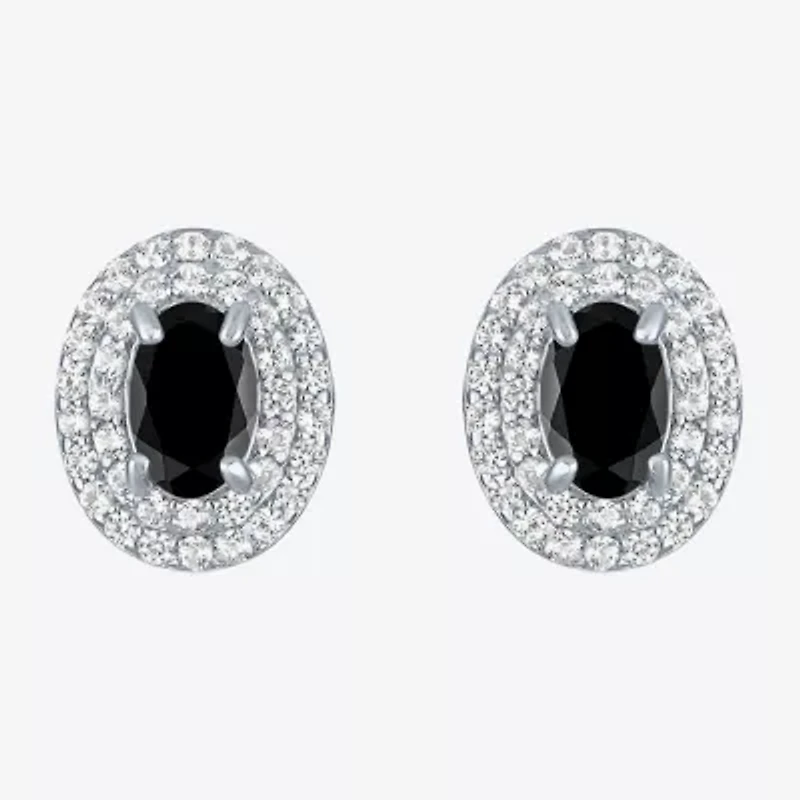 Gemstone & Lab-Created White Sapphire Sterling Silver Oval Double Halo Stud Earrings