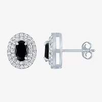 Gemstone & Lab-Created White Sapphire Sterling Silver Oval Double Halo Stud Earrings
