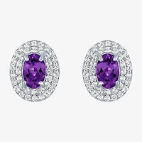 Gemstone & Lab-Created White Sapphire Sterling Silver Oval Double Halo Stud Earrings