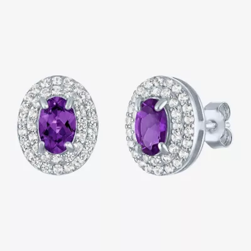 Gemstone & Lab-Created White Sapphire Sterling Silver Oval Double Halo Stud Earrings