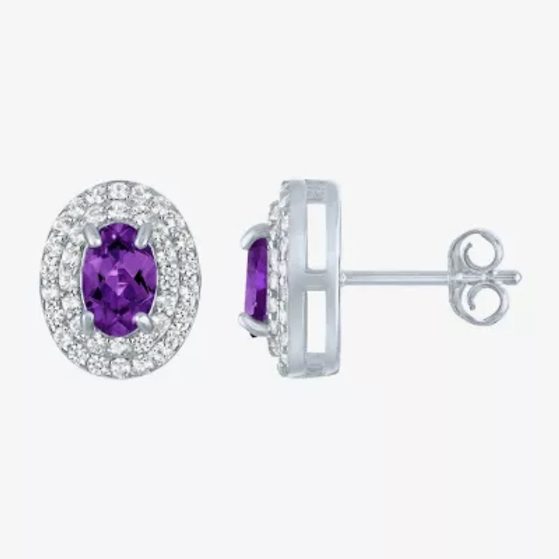 Gemstone & Lab-Created White Sapphire Sterling Silver Oval Double Halo Stud Earrings