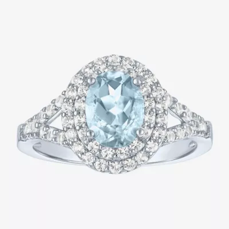 Gemstone and Lab-Created White Sapphire Sterling Silver Oval Double Halo Cocktail Ring