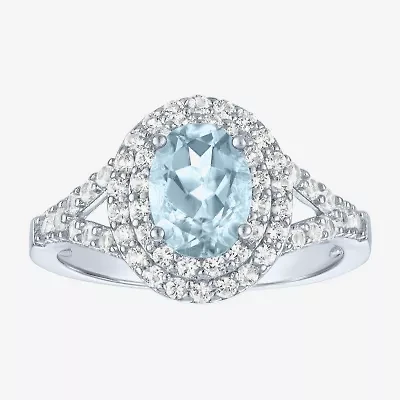 Gemstone and Lab-Created White Sapphire Sterling Silver Oval Double Halo Cocktail Ring