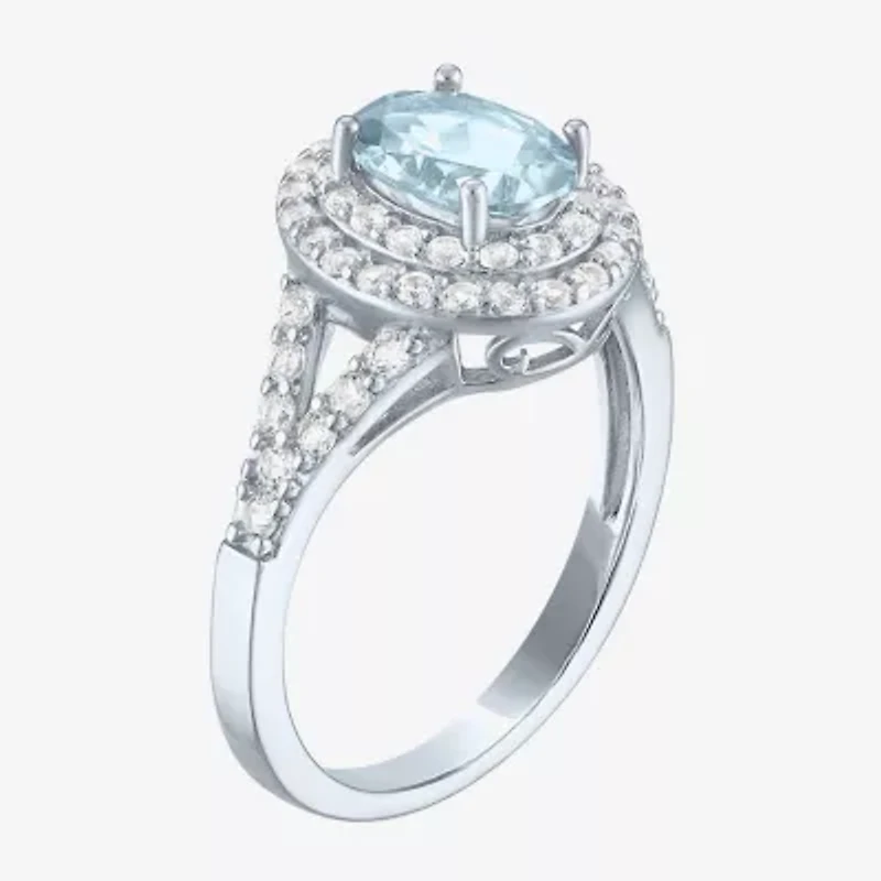 Gemstone and Lab-Created White Sapphire Sterling Silver Oval Double Halo Cocktail Ring