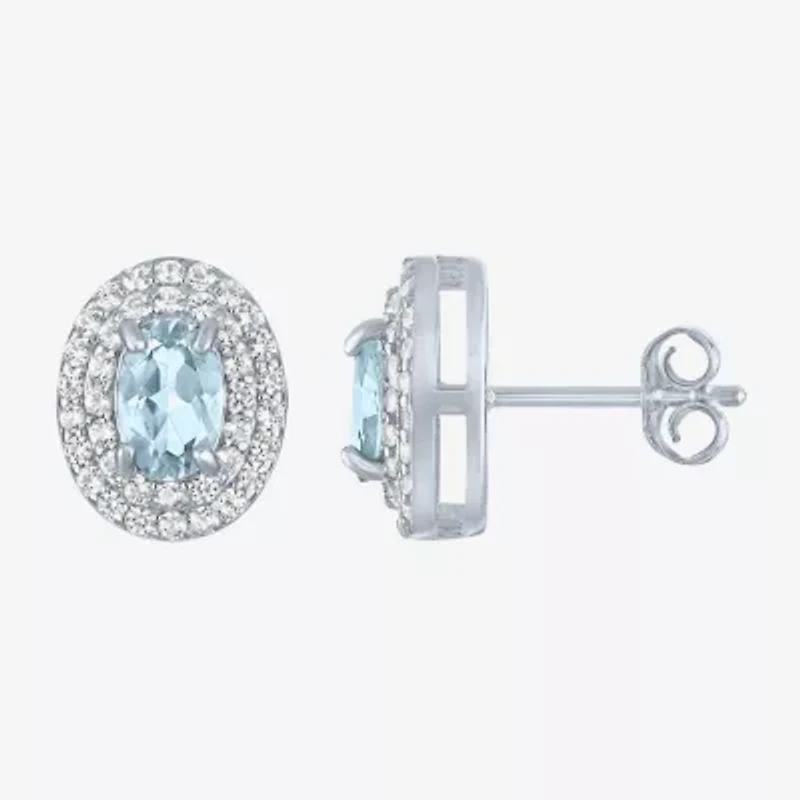Gemstone & Lab-Created White Sapphire Sterling Silver Oval Double Halo Stud Earrings